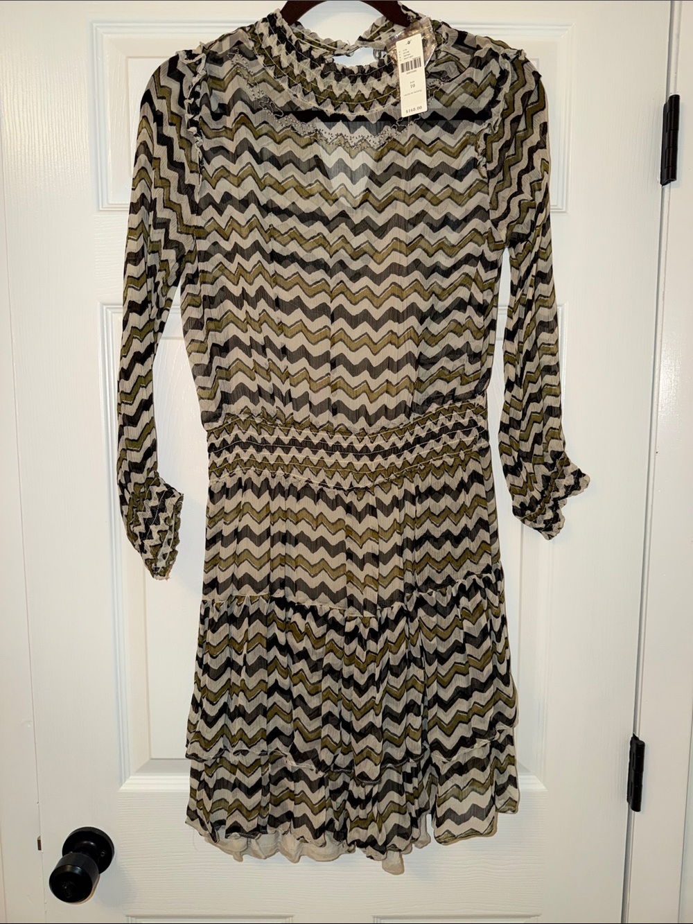 Anthropologie HD In Paris Dress Women's Green Chevron Sheer High Neck Mini
